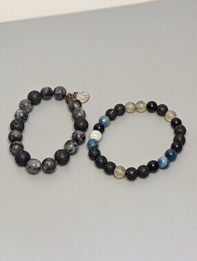 Two Piece Natural Stone Stretch Bracelet Set Unisex Lava Stone And Mixed Beads